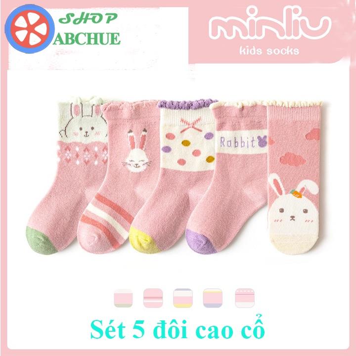 Tất Vớ Trẻ Em Minliu hình Thỏ đáng yêu Cho Bé Từ 1 – 12 Tuổi Chất Cotton Set 5 Đôi