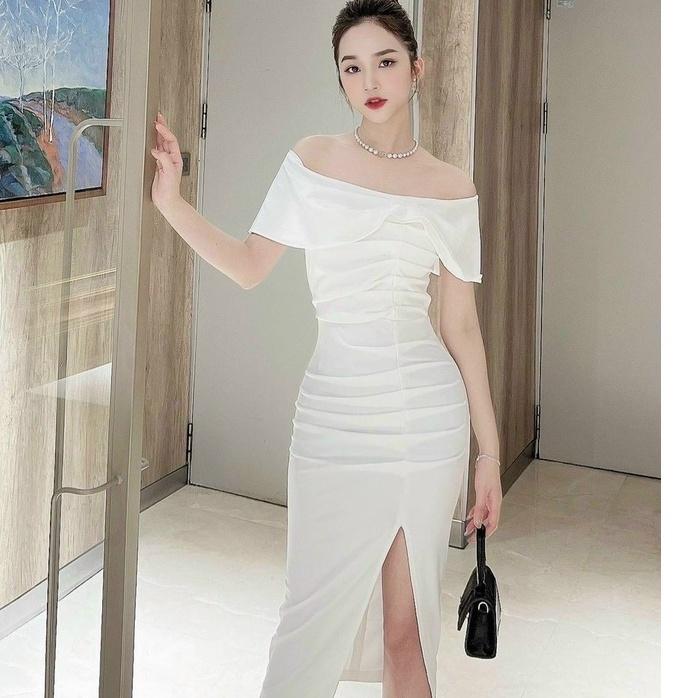 Đầm kiểu nữ trễ vai ôm body sẻ tà tay ngắn eo xếp ly có kèm mút thiết kế cho phái đẹp Kgia fashion