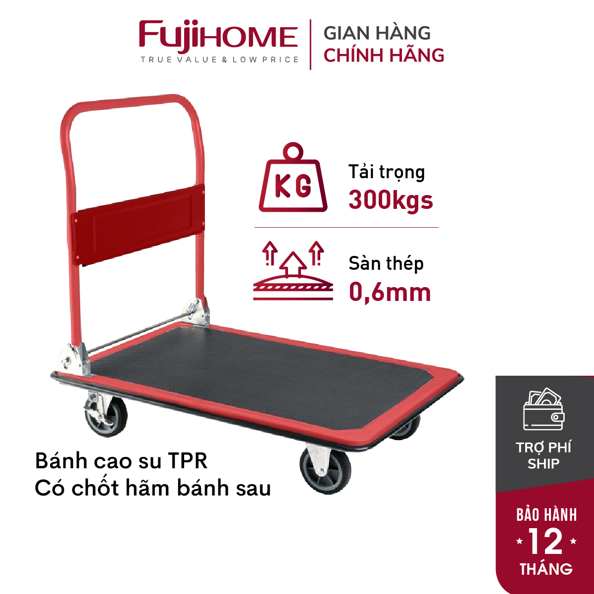 Xe đẩy hàng 4 bánh gấp gọn sàn thép FUJIHOME HT-430- bánh xe cao su TPR không ồn có chốt hãm