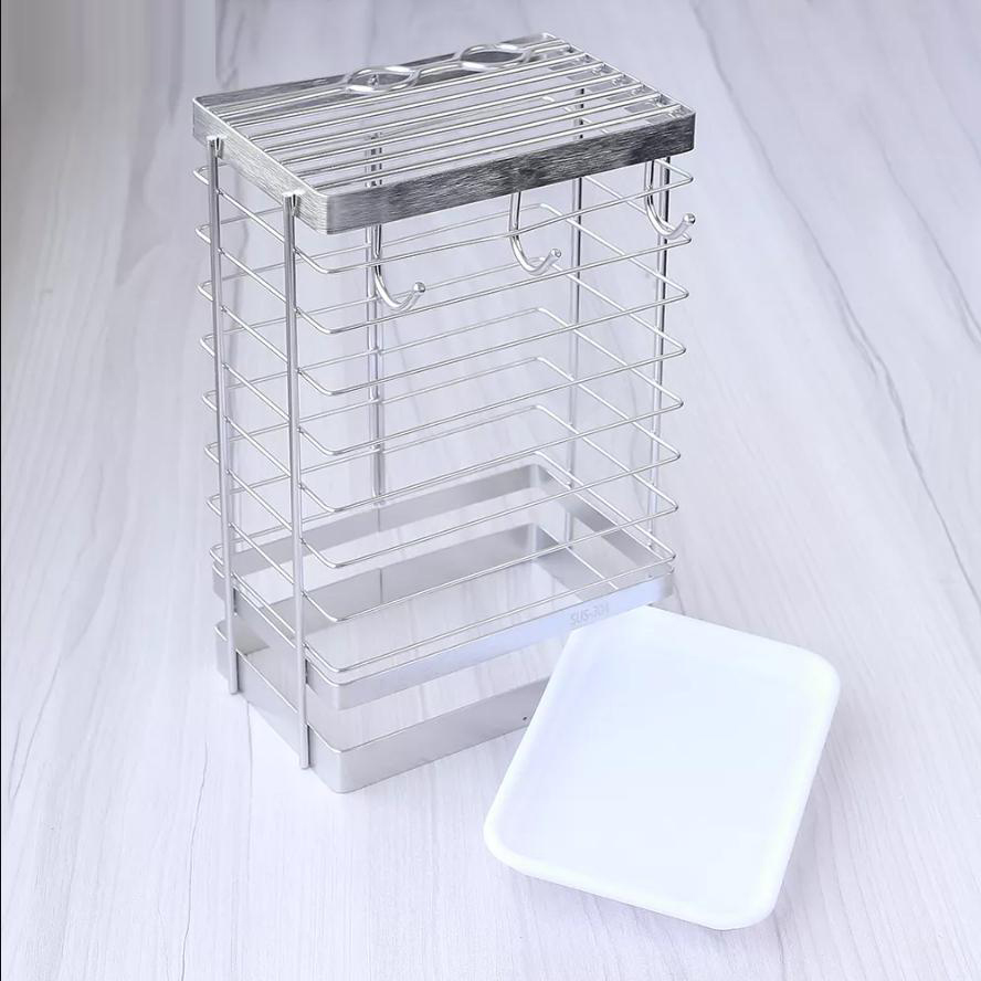 Kệ đựng dao kéo Inox kèm 3 móc treo và khay hứng nước - không rỉ sét