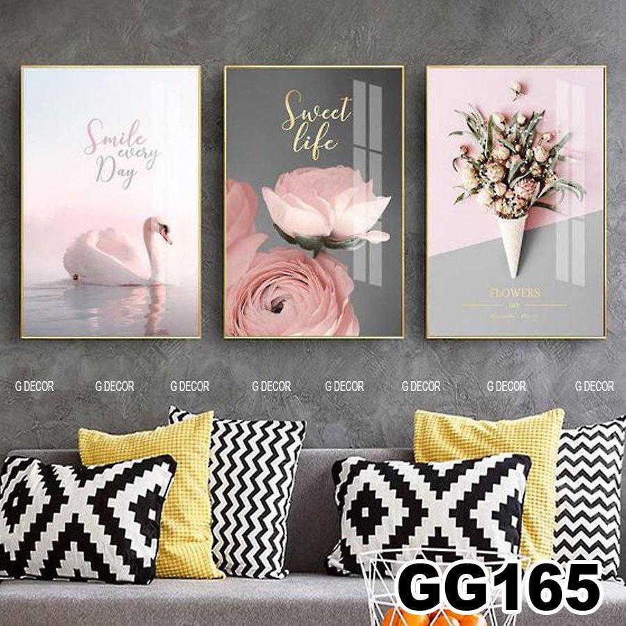 Tranh treo tường canvas 3 bức phong cách hiện đại Bắc Âu 178, tranh hoa lá trang trí phòng khách, phòng ngủ, spa, decor