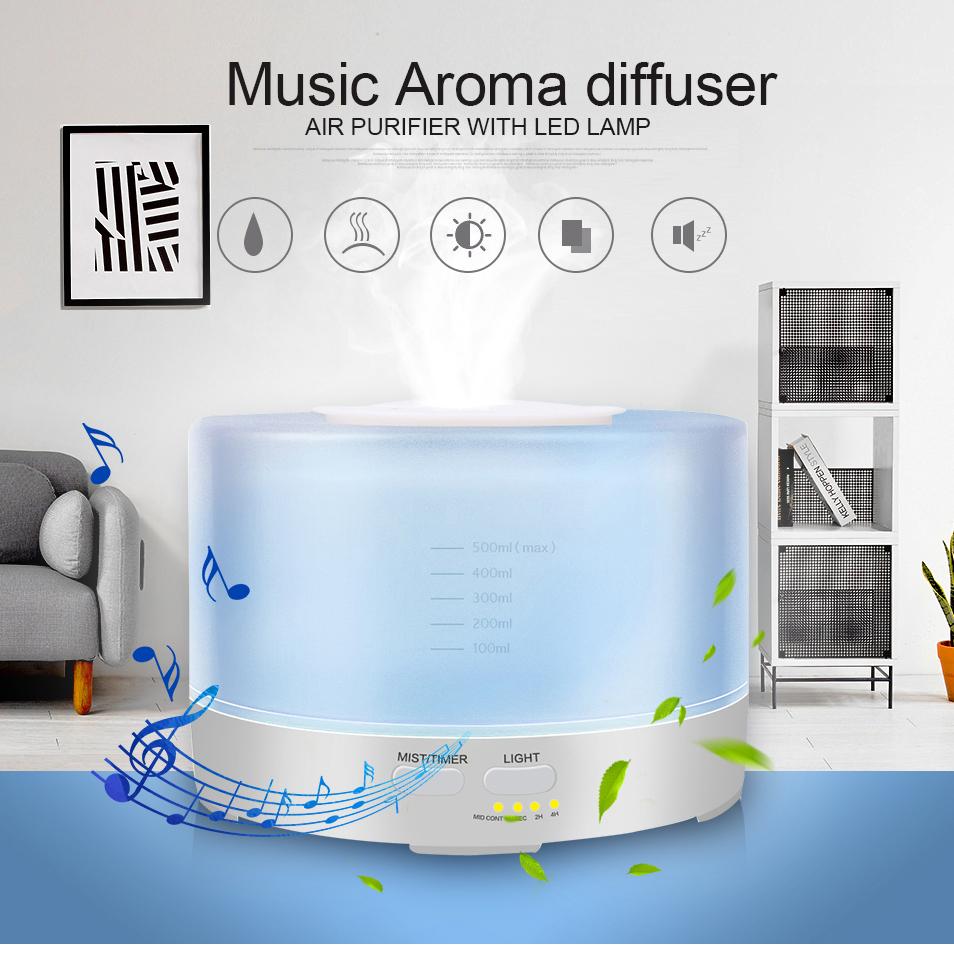 Hương Thơm Khuếch Tán Tinh Dầu 500ML Bluetooth Âm Nhạc Hương Thơm Khuếch Tán Đèn LED Đổi Màu 12W Máy Phun Sương Tạo Độ Ẩm Hộ Gia Đình Siêu Âm Thanh Máy Phun Sương Tạo Độ Ẩm