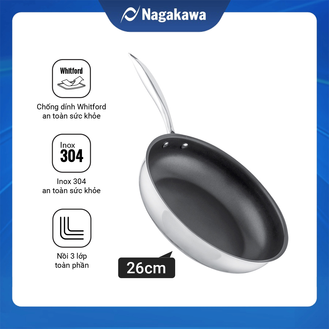 Chảo chống dính inox đa lớp toàn phần Nagakawa Haru NAG02 - Dùng trên mọi loại bếp - Hàng chính hãng