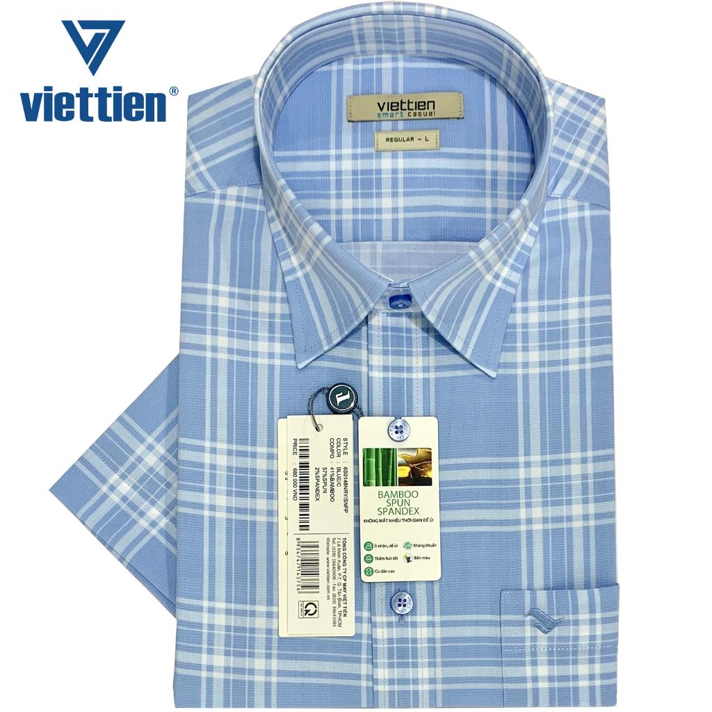 Viettien - Áo sơ mi nam ngắn tay xẻ tà vạt ngang Bamboo spun regular Ca rô 6S0148 - Ca rô