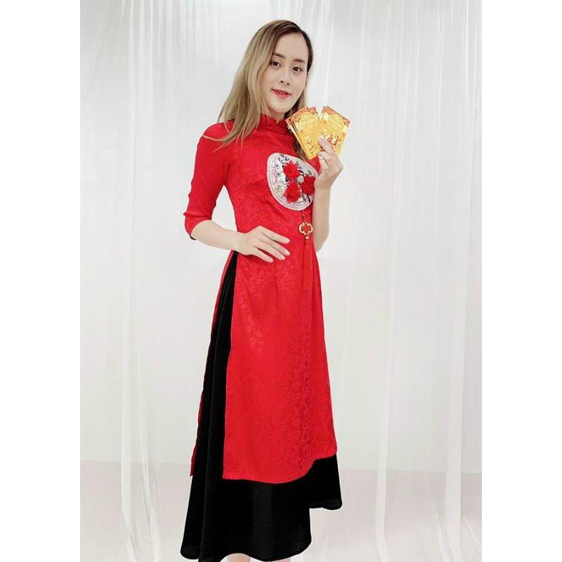 SET ÁO DÀI CÁCH TÂN ĐÍNH HOA ĐỎ