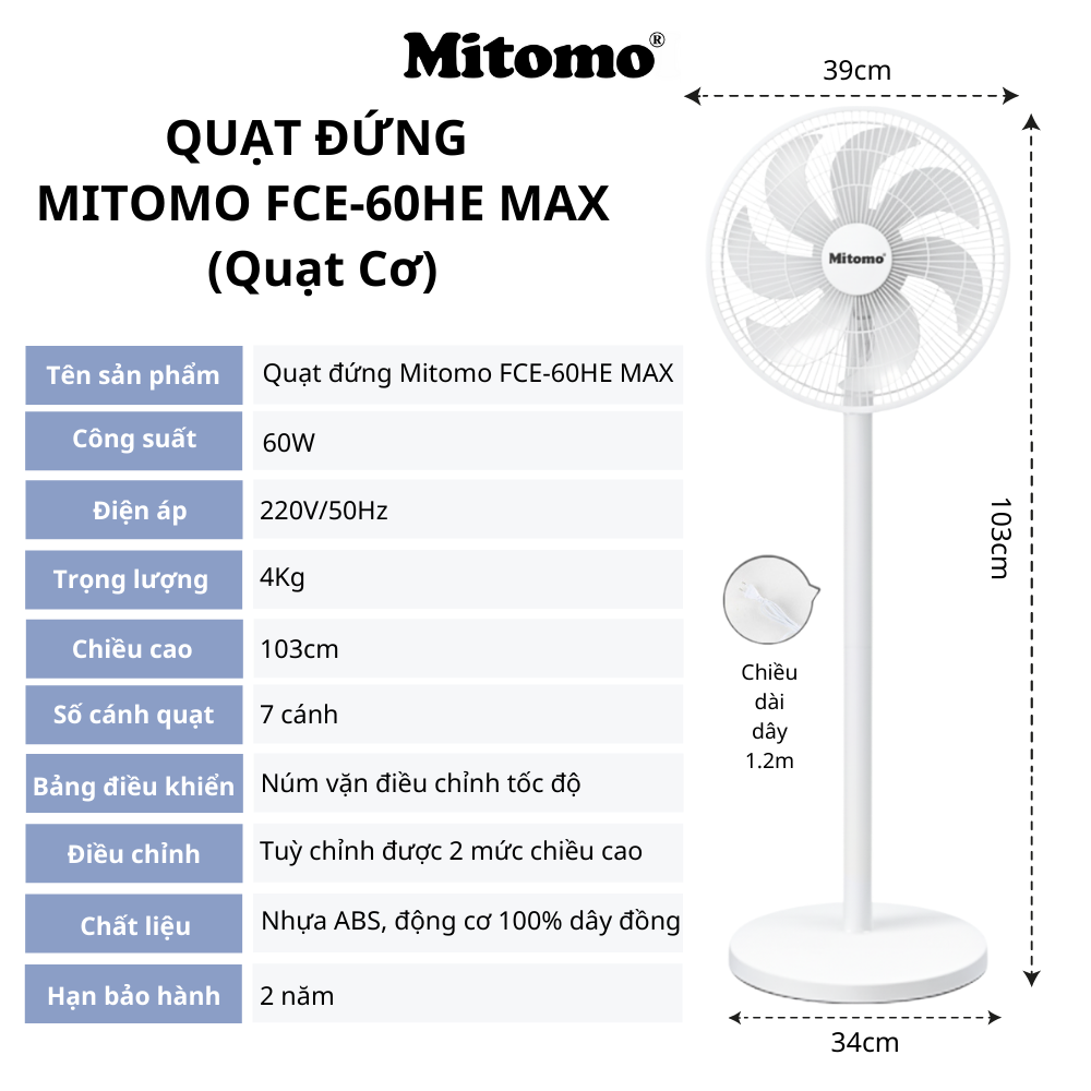 Quạt đứng cao cấp Mitomo FCE-60AE MAX – Điều khiển phím cơ, 3 tốc độ gió hàng chính hãng