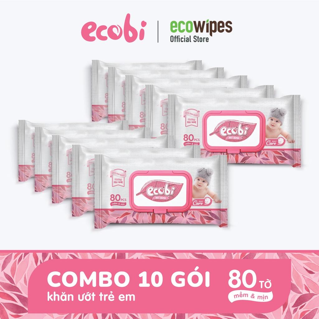 Combo 10 gói khăn giấy ướt cho bé Ecowipes Ecobi gói 80 tờ Hương Dịu Nhẹ không cồn không paraben an toàn cho da của bé