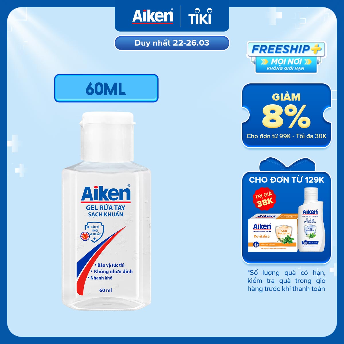 Aiken Gel rửa tay Sạch khuẩn 60ml