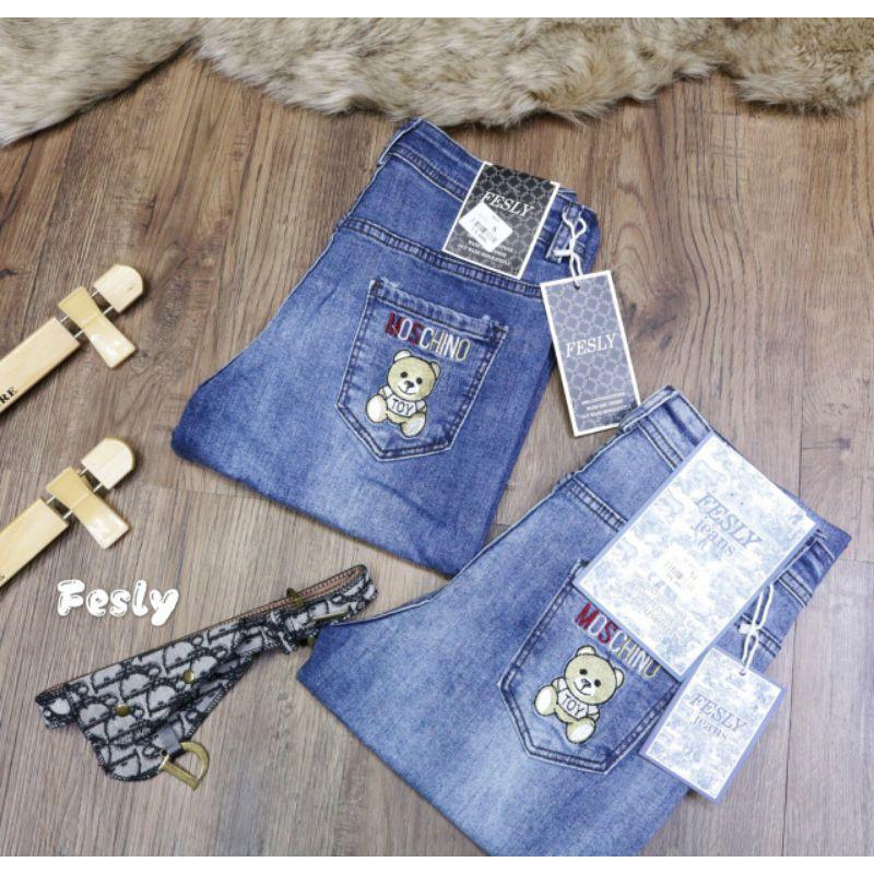 Quần Jeans Nữ Baggy Thêu Túi Gấu Lưng Cao