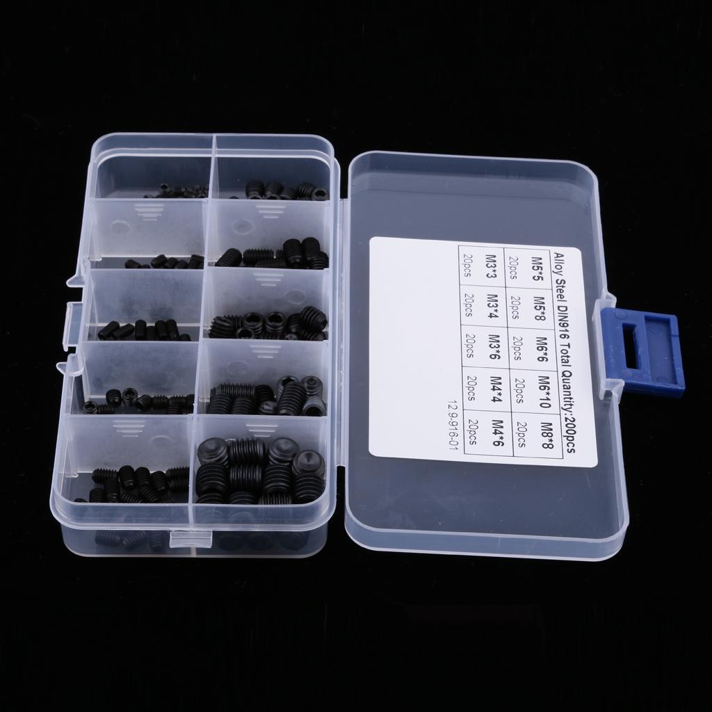 200Pcs M3 M4 M5 M6 M8 Carbon Steel Head Hex Socket Grub Screws Assorted Kit