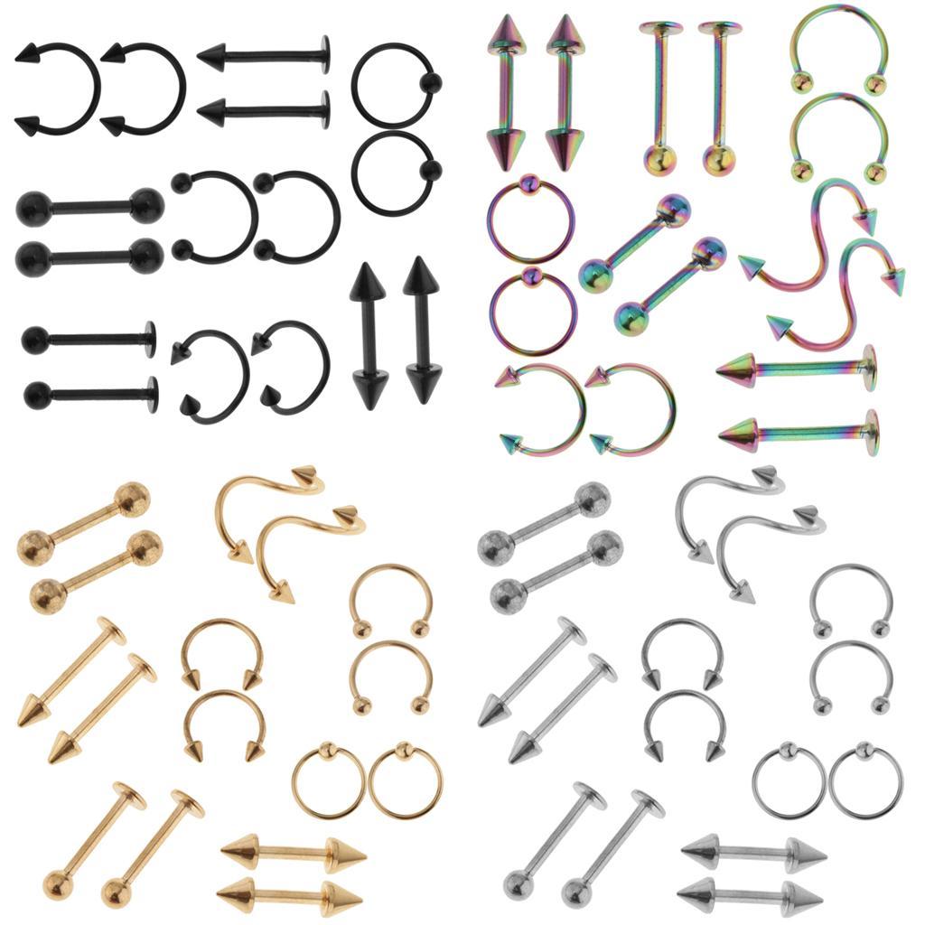 16pcs 16G Stainless Steel Curved Barbell Spike Nose Navel Eyebrow Tongue Ring
