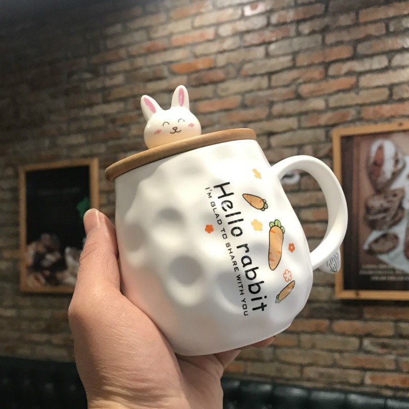 Ly gốm sứ Thỏ xinh kèm nắp gỗ và muỗng sứ siêu Cute