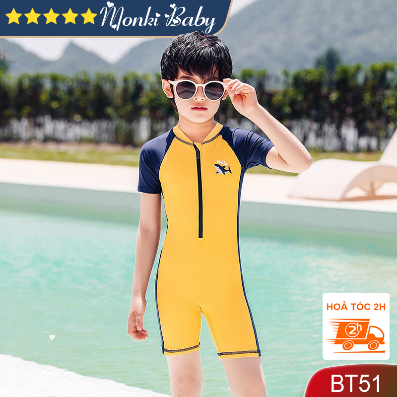 Đồ bơi liền thân bé trai, có size lớn đến 43kg (4-15 tuổi), dáng cộc tay liền quần short có khoá kéo trước, bộ bơi trẻ em chất lượng cao, chất bơi lạnh thân thiện với da, mềm mát mịn đẹp | BT51