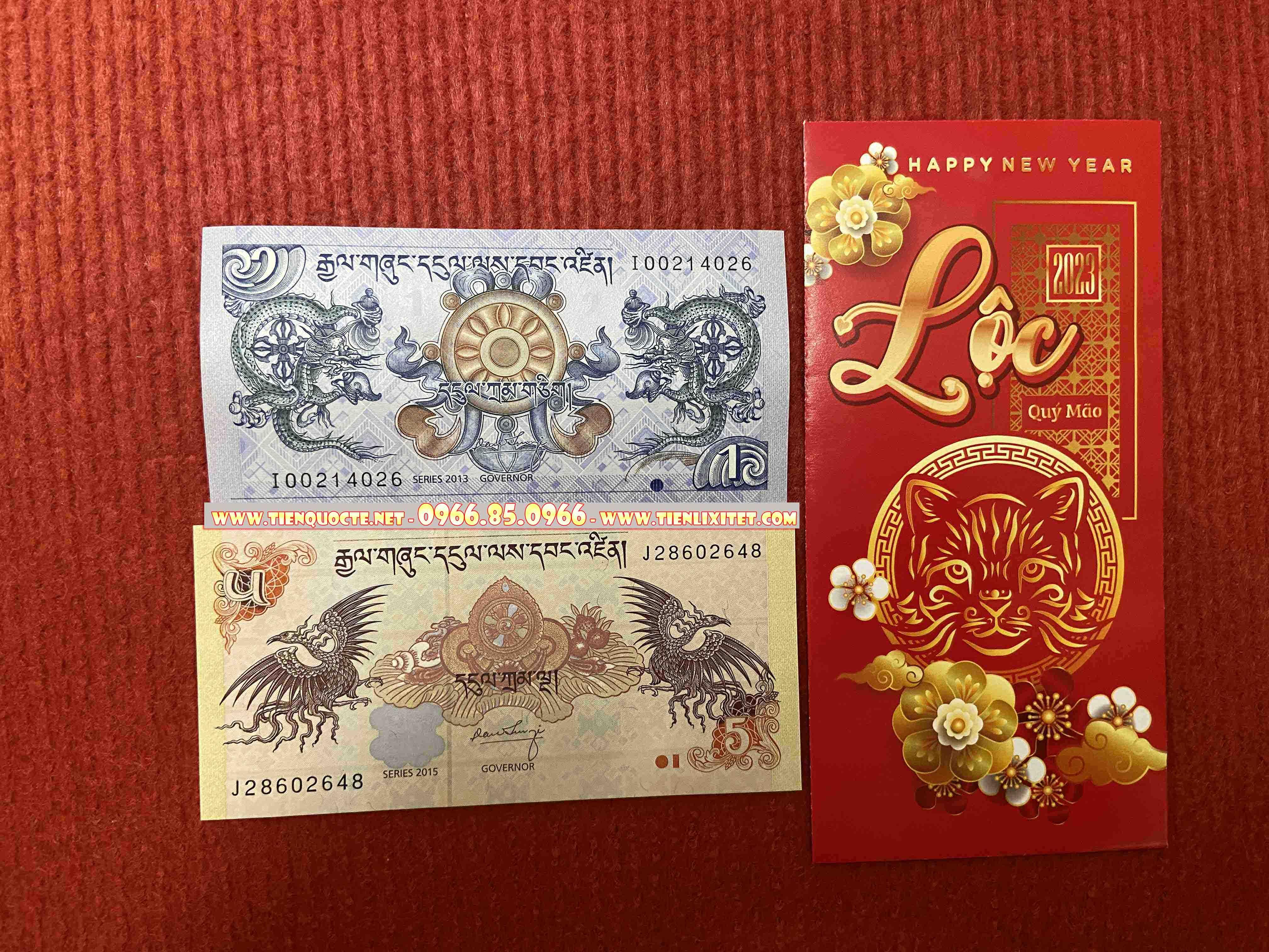 Lì xì tết 2023 2 tờ Long phụng sum vầy Bhutan tài lộc SQTTC000125