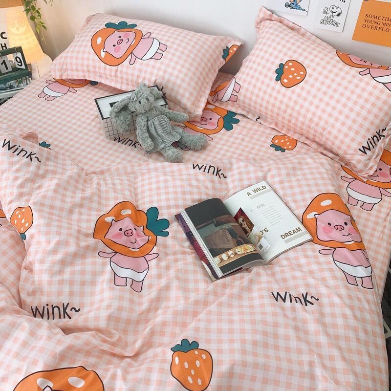 Bộ chăn ga Cotton Poly họa tiết kẻ caro bé heo - phong cách Hàn Quốc