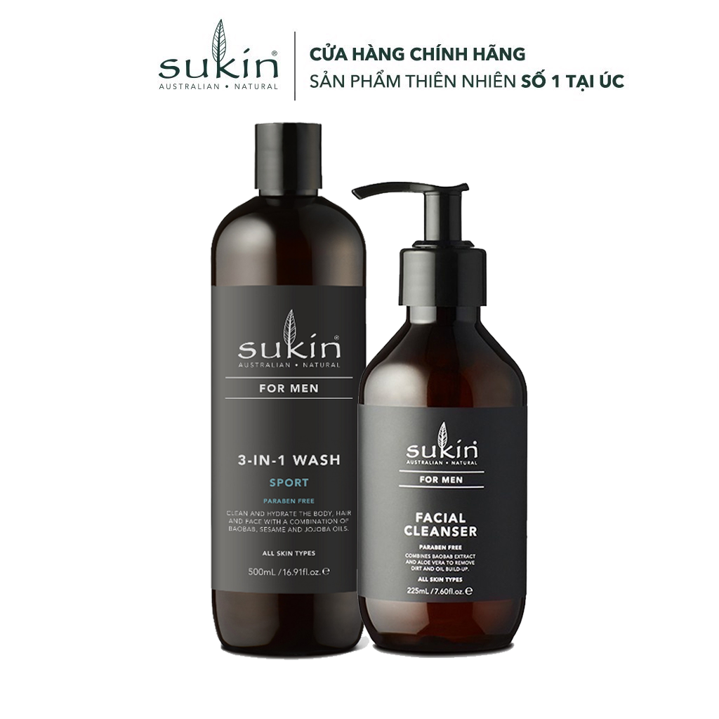 Combo làm sạch cơ bản Sukin for men ( Sữa tắm 3in 1 thể thao 500ml + Sữa rửa mặt 225ml)