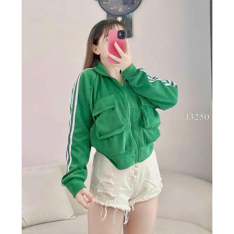 Áo khoát nữ nhung Gân Túi Hộp Cổ Trụ Tay Viền 3 Sọc siêu chất thời trang-A2050 - Kem Trụ Hộp