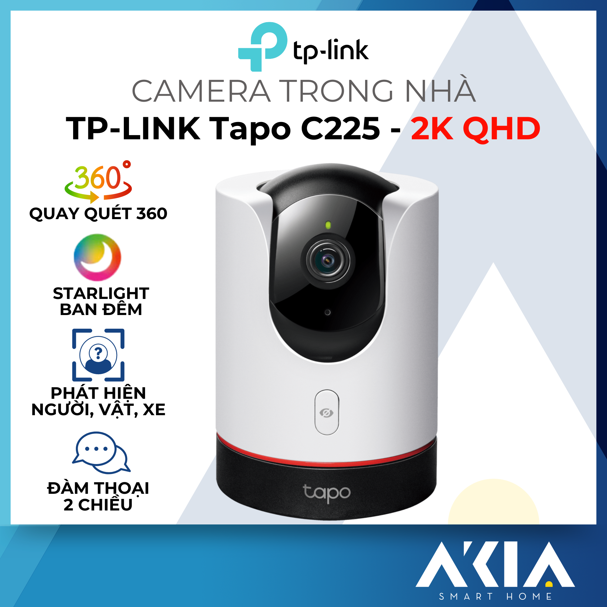 Camera trong nhà TP-Link Tapo C225 - Quay quét 360 độ, Phát hiện người, vật và xe cộ, Đàm thoại 2 chiều - Hàng chính hãng