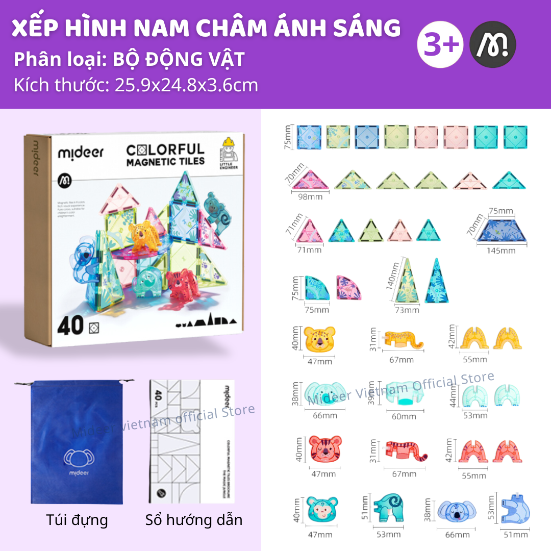 Đồ chơi xếp hình nam châm ánh sáng Mideer Magnetic Tiles nam châm lắp ráp cho bé