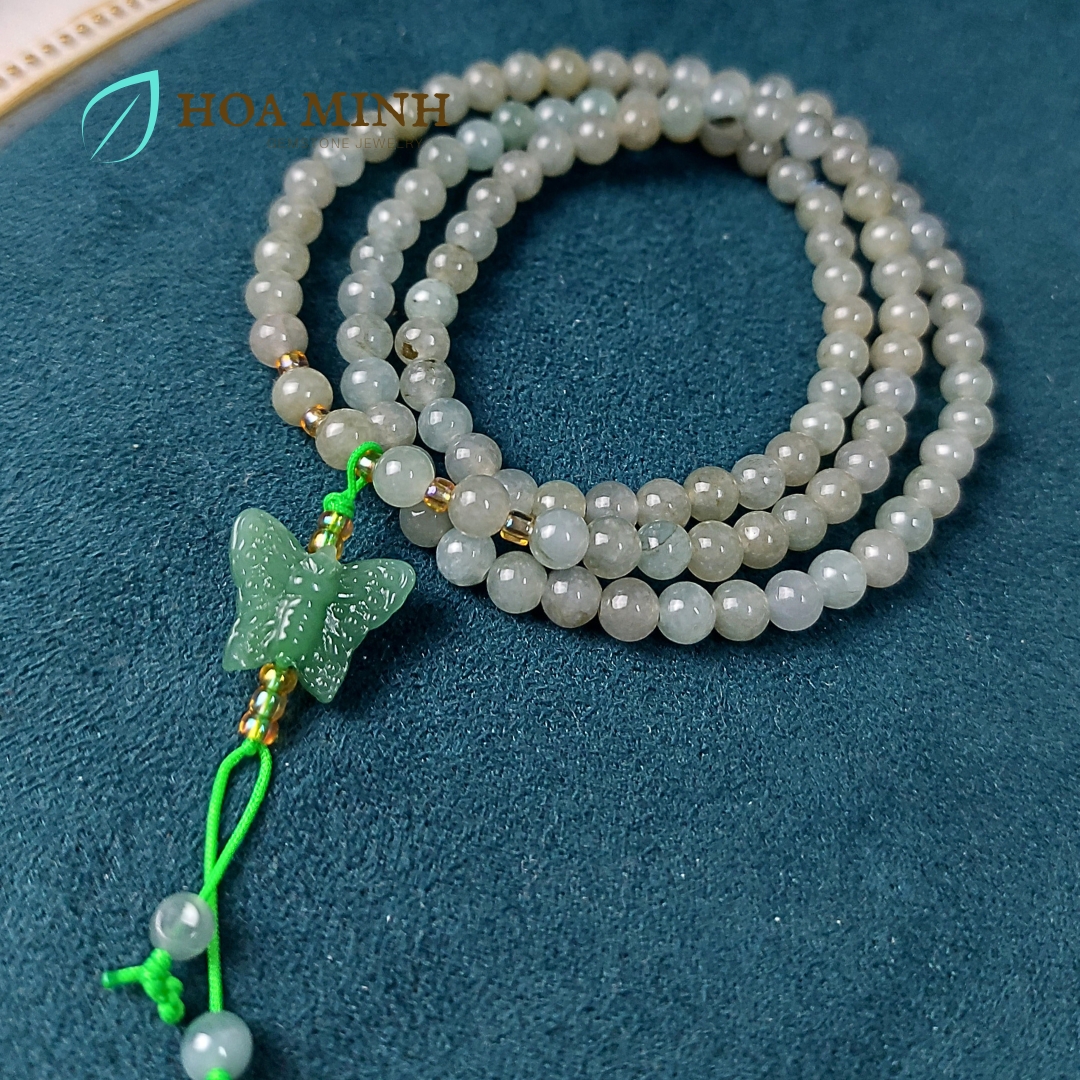 Vòng tay chuỗi 108 hạt Ngọc Cẩm Thạch Lam Dầu A size 5.3 li phối charm đá thạch anh aventurine mỹ miều tuyệt đẹp