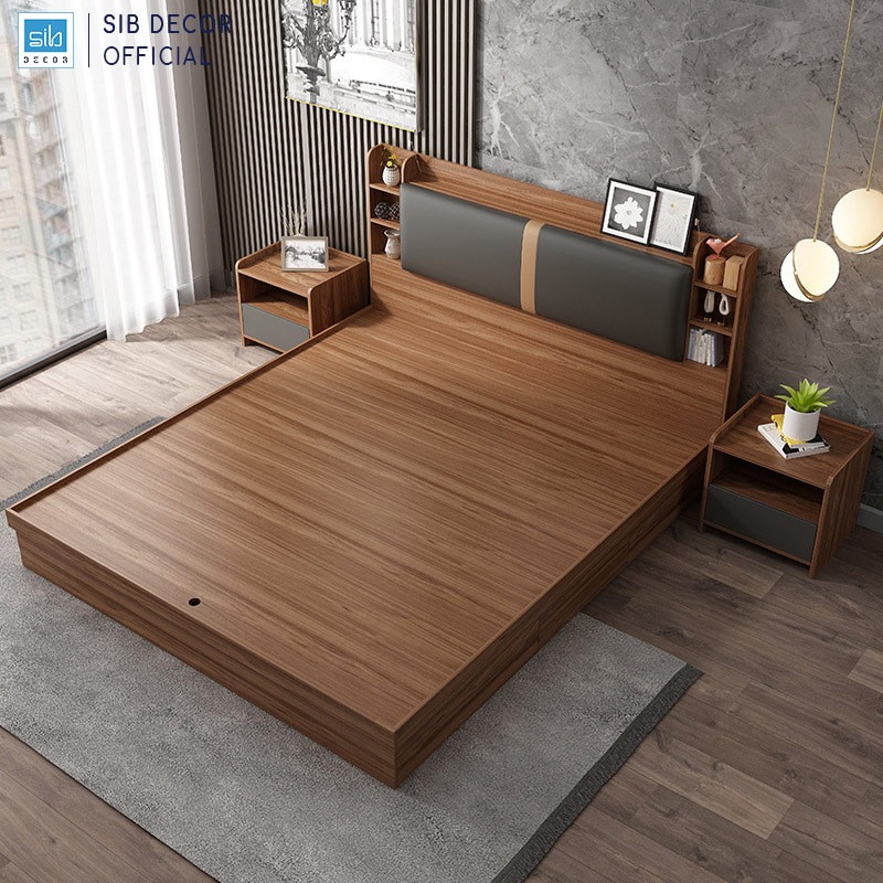 Giường Ngủ Hộp Gỗ Hình Hiện Đại Nhiều Ngăn Lưu Trữ Thương Hiệu SIB Decor GN21