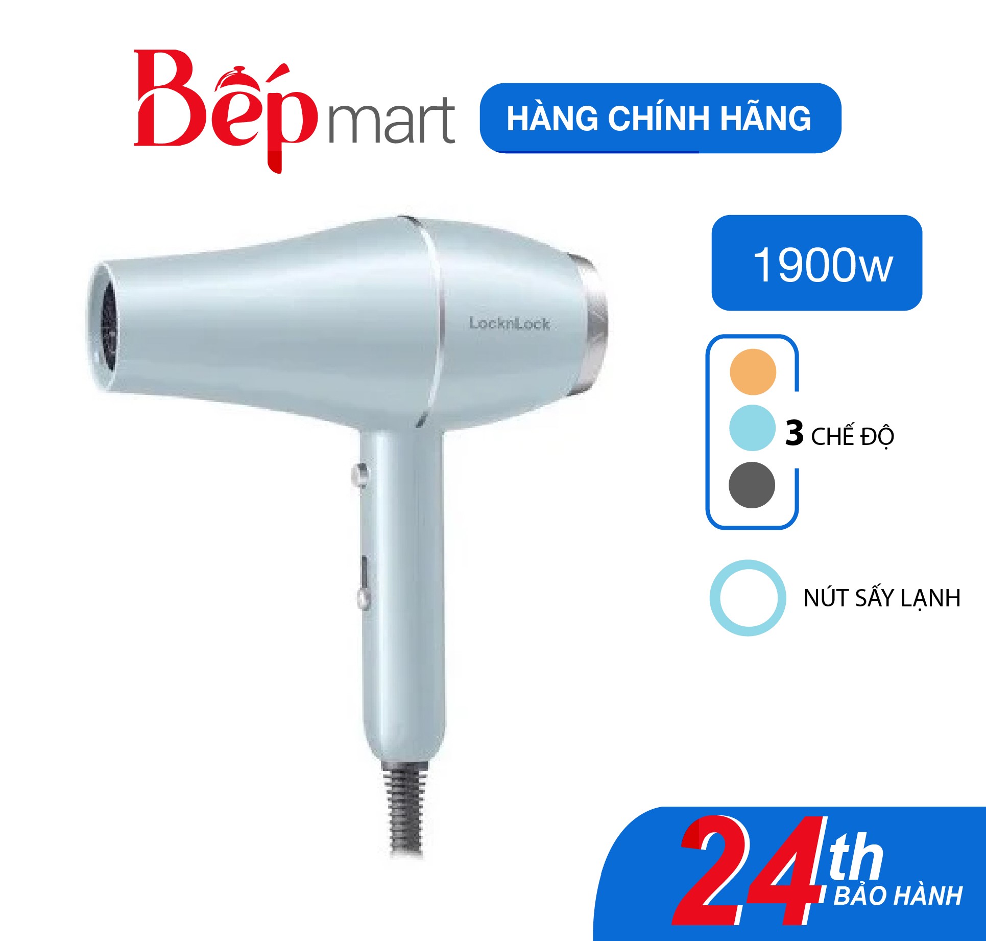 Máy sấy tóc LocknLock Hair dryer 1600-1900W- Màu băng xanh ENA144LBLU, sấy nóng lạnh - Hàng chính hãng