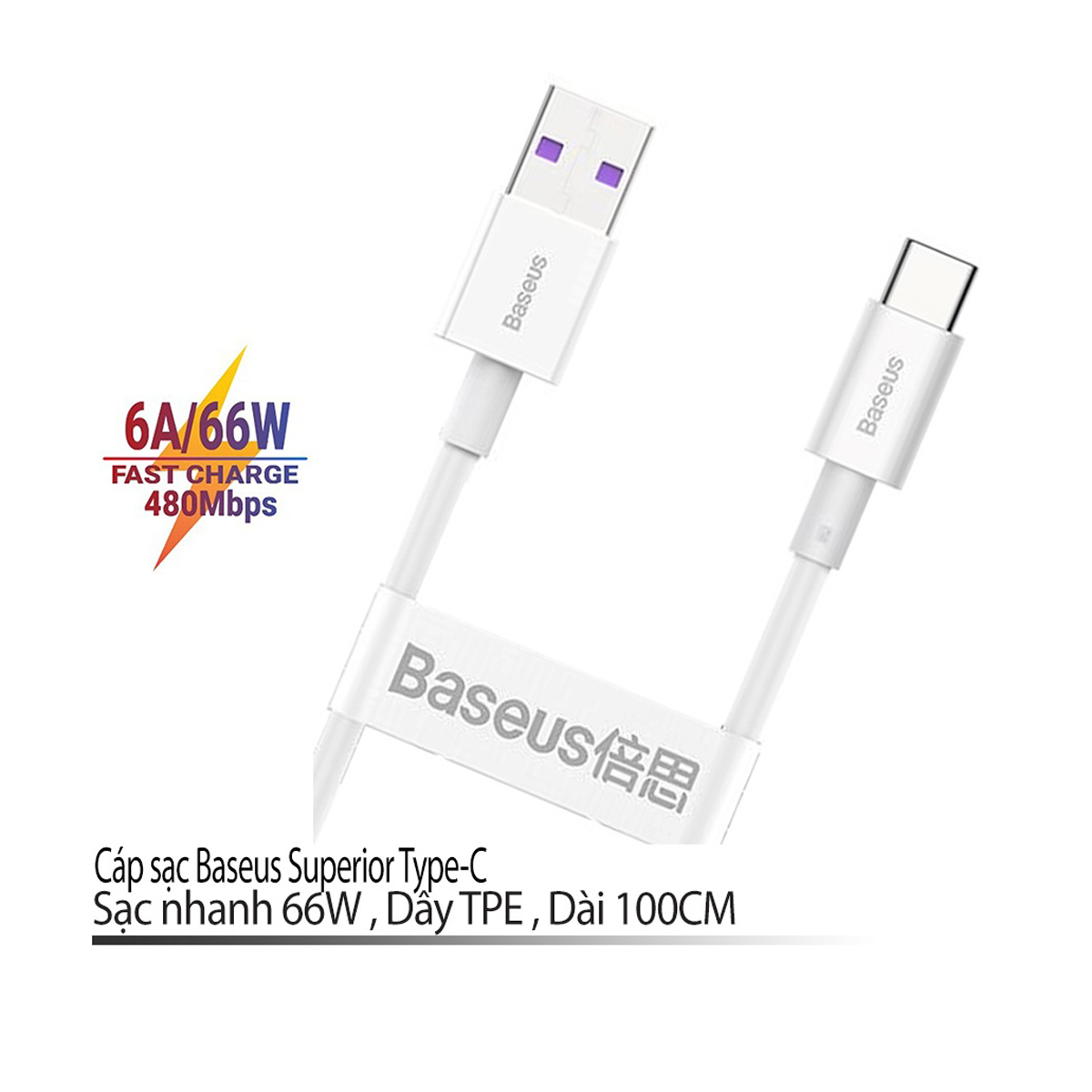 Cáp sạc 66W Baseus Superior Type-C data 480Mbps dây TPE siêu bền dài 100CM - Hàng chính hãng