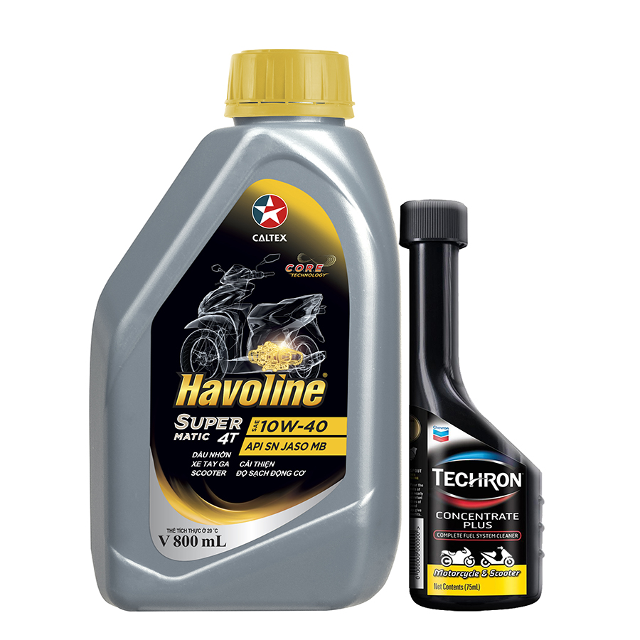 Bộ dầu nhớt xe tay ga Caltex Havoline SuperMatic 4T SAE 10W-40 800ml + dung môi pha xăng