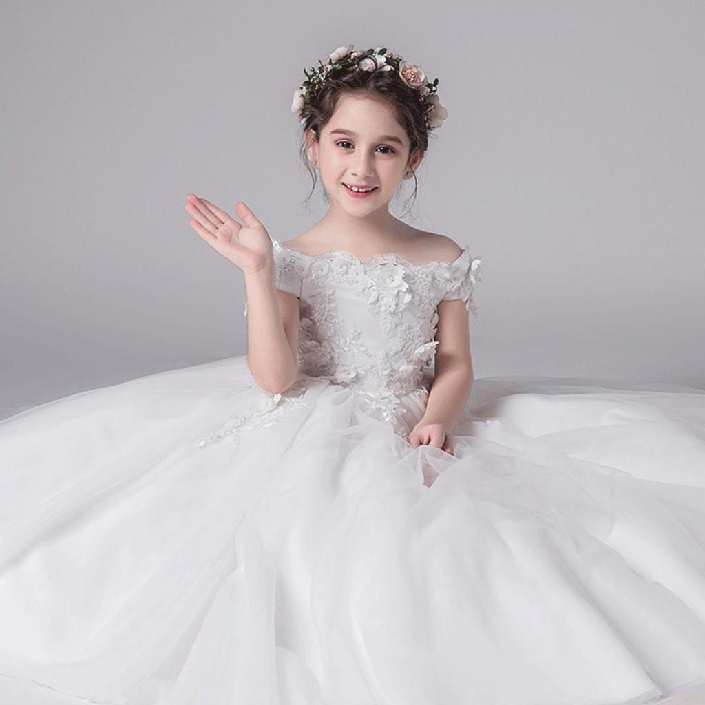 Váy công chúa trắng cho bé gái , đầm công chúa cho bé đính ren nổi 3d