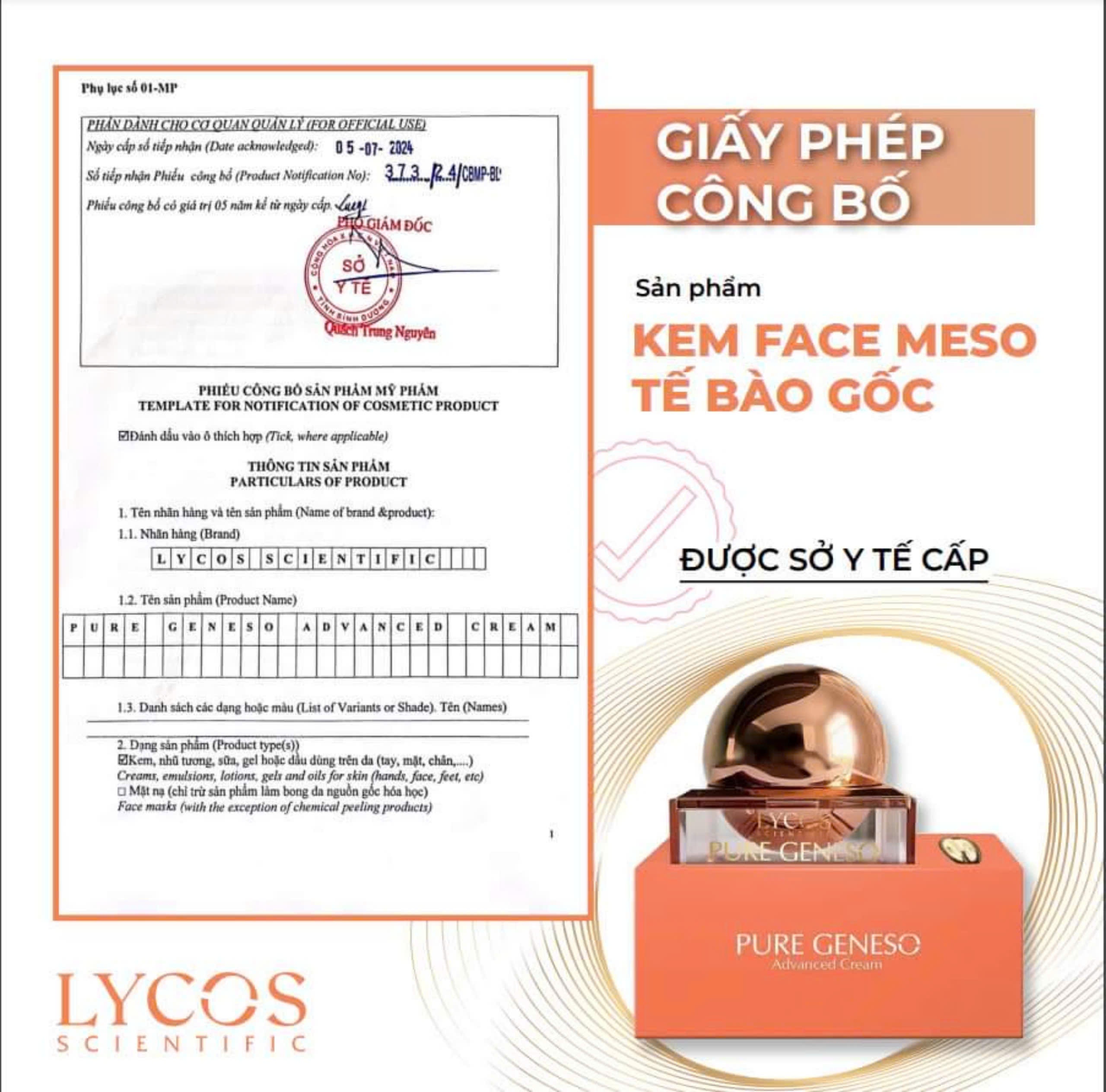 [MUA 1 ĐƯỢC 3] Kem Face Meso Tế Bào Gốc Pure Geneso Advanced Cream Lycos 20g: Sáng mịn, bật tone, giúp da căng mướt mịn màng ngay sau khi sử dụng