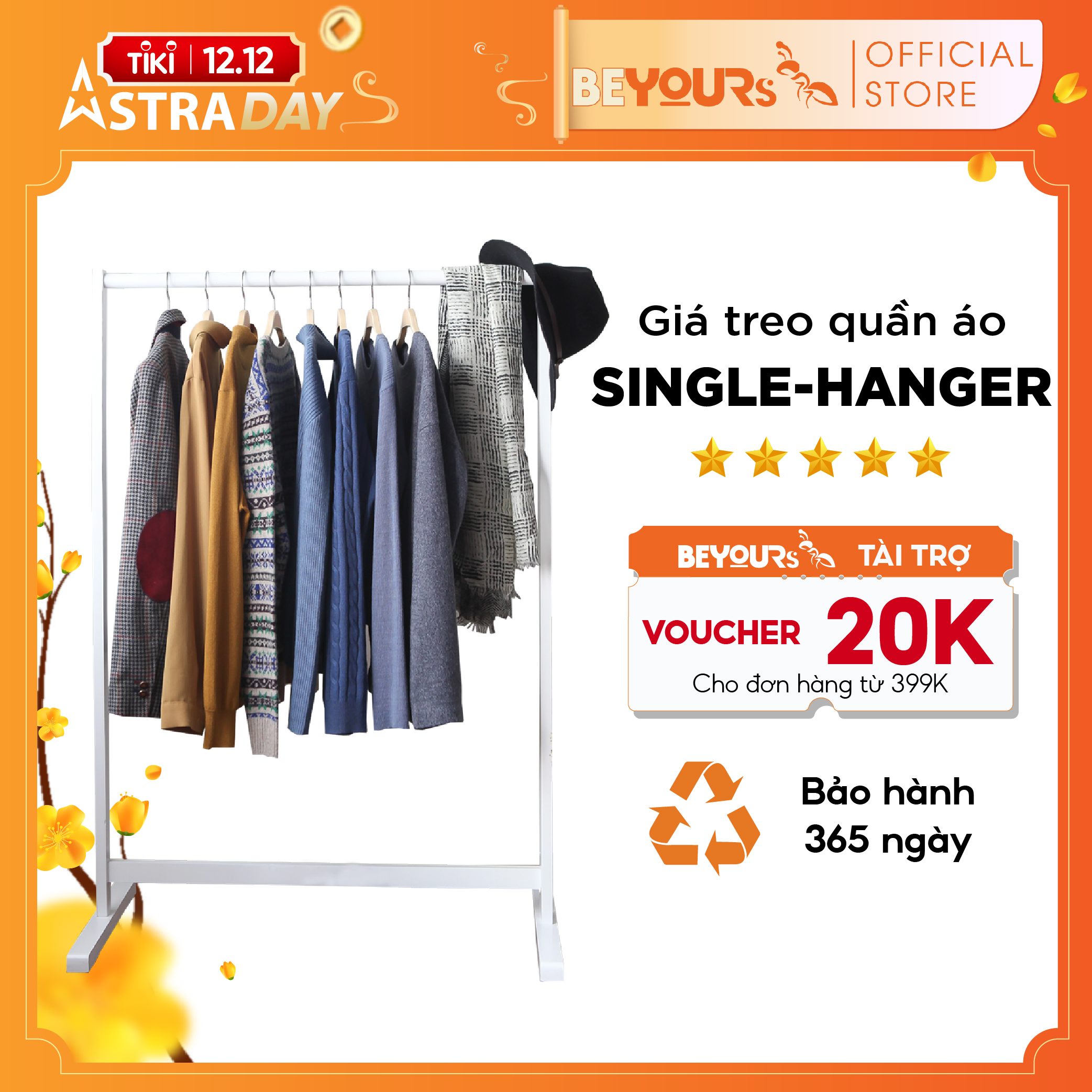 Giá Treo Quần Áo Gỗ BEYOURs - Kệ Gỗ Cây Sào Treo Single Hanger Size L Lắp Ráp Dễ Dàng - Nội Thất Phòng Ngủ - Trắng