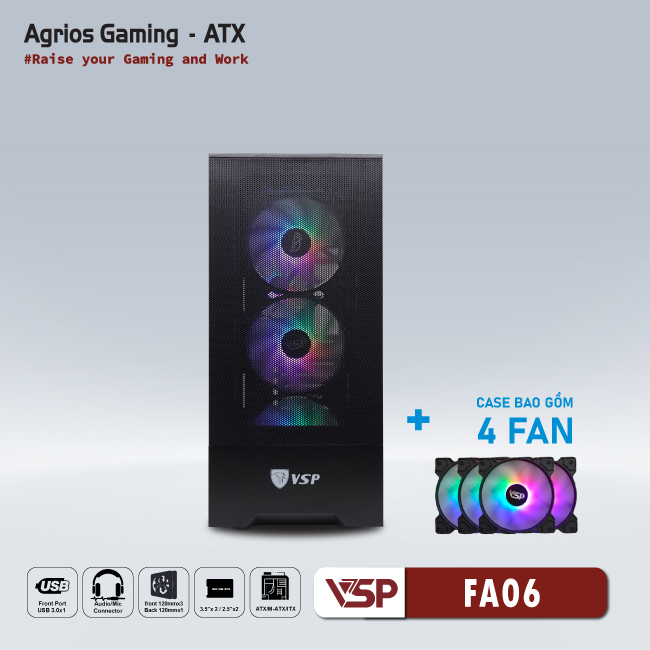 Vỏ máy tính Case VSP FA06 [ĐEN] sẵn 4 Fan LED ARGB Gaming Kính cường lực (ATX, mATX, ITX) - Hàng chính hãng Tech Vision phân phối