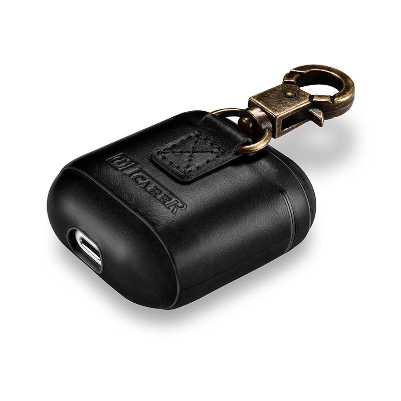 Vỏ bọc bảo vệ hộp sạc tai nghe không dây ICARER da thật có móc treo thích hợp cho Apple Airpods 1/ 2