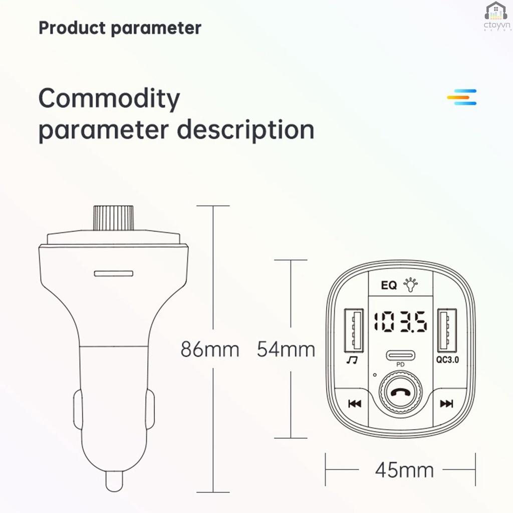 Tẩu sạc điện thoại hai cổng USB BT5.0 tích hợp máy nghe nhạc MP3 PD18W QC3.0 cho xe hơi