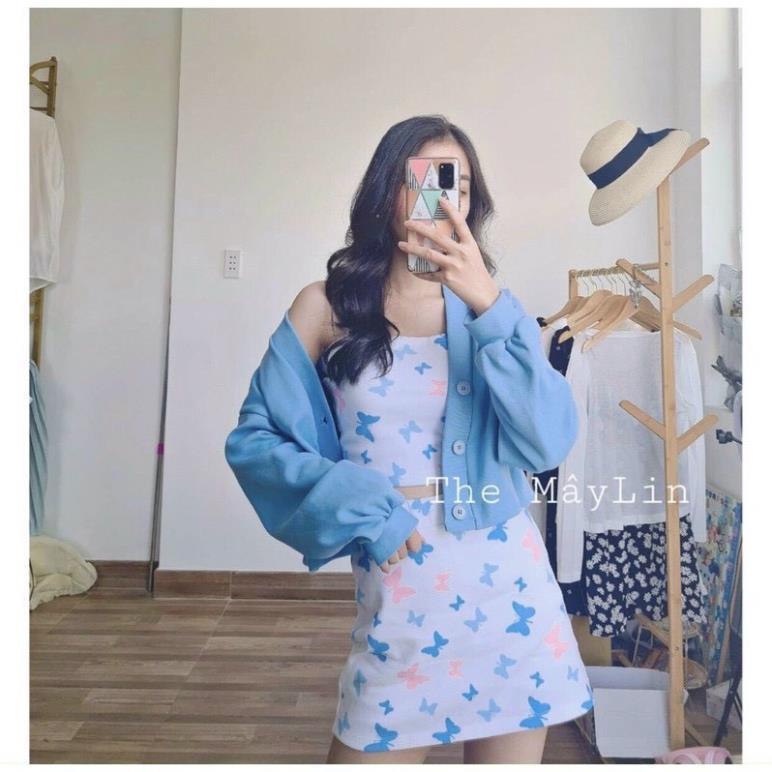 Bộ Áo Cardigan Croptop 2 Dây Bướm, Set Áo Khoác Dài Tay Kèm Váy Áo