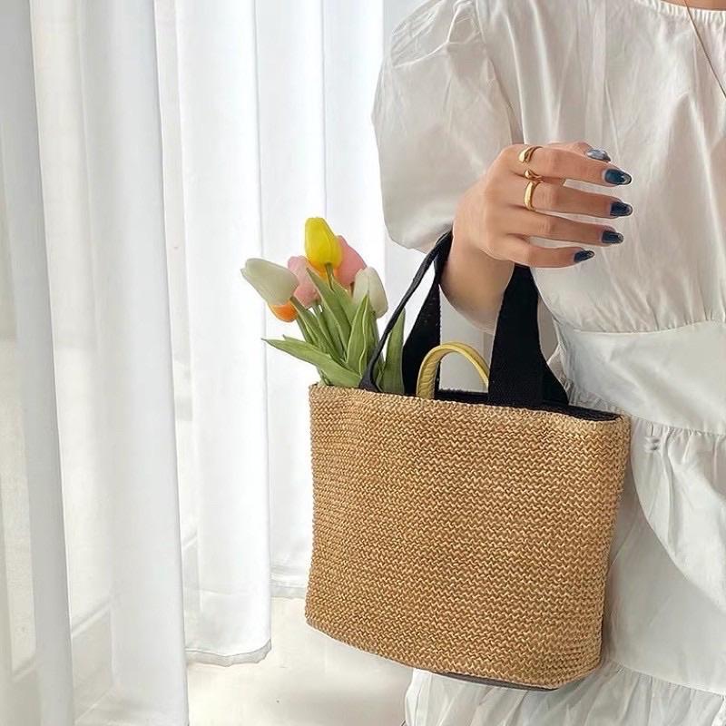 Túi xách cói du lịch style Vintage Hàn Quốc - Túi cói đi biển quai vải - Giỏ xách đi biển đi cafe chụp ảnh ngoài trời