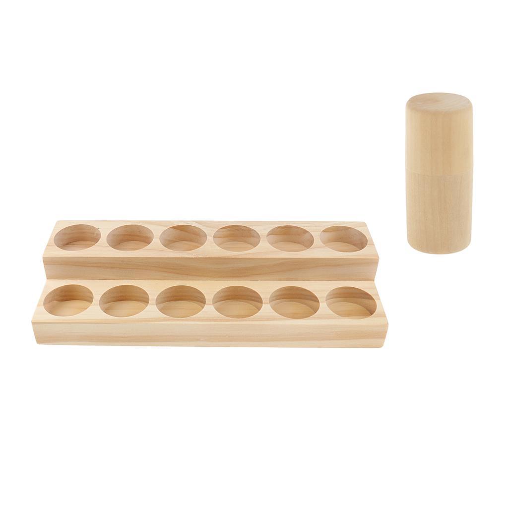 Wood Essential Oil Holder Stand Rack for 12  Bottle W/Cylinder Storage Box