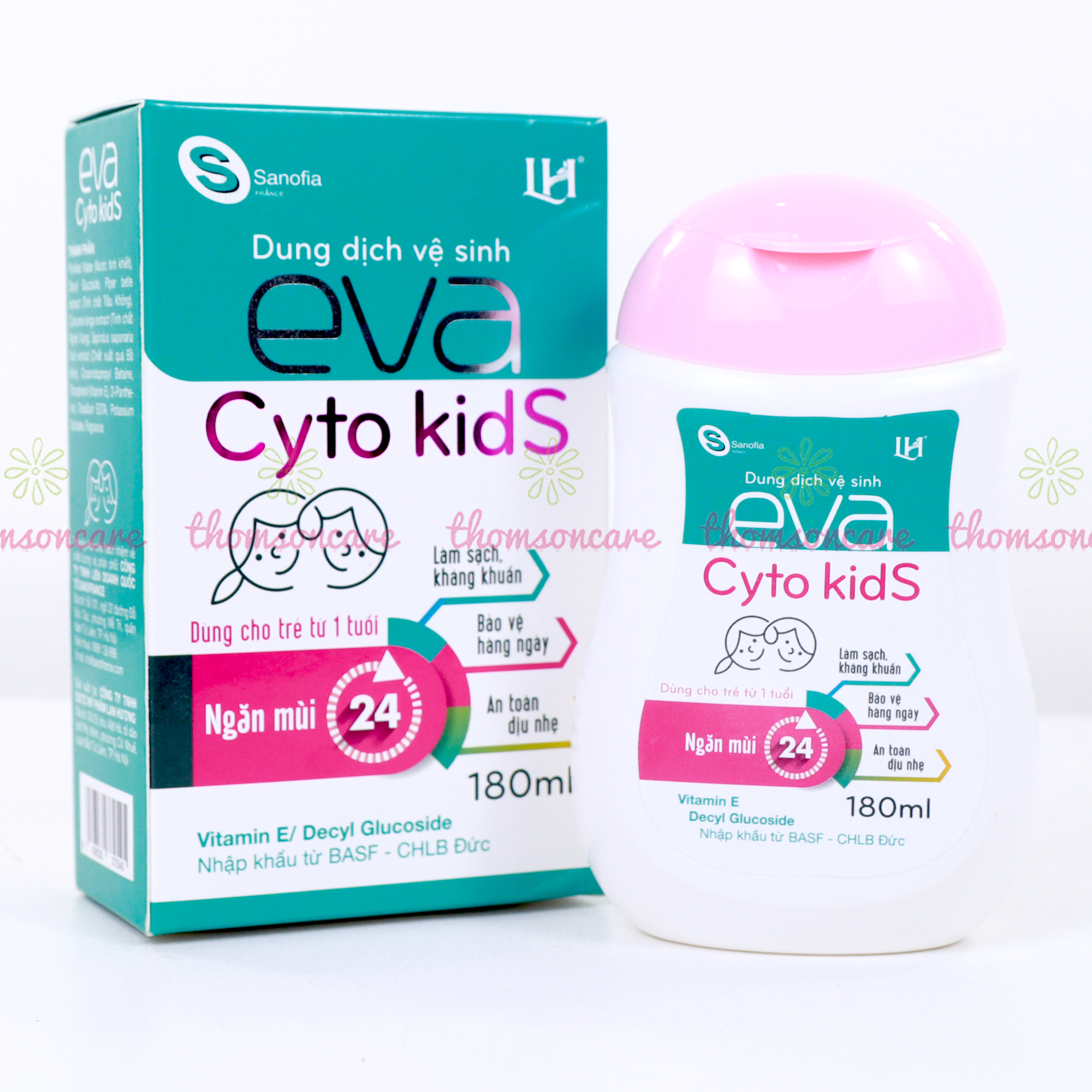 Dung dịch vệ sinh cho bé Eva Cyto Kids, giúp khử mùi, làm sạch, làm dịu mát da từ tinh chất trầu không - Chai 180ml Thomsoncare