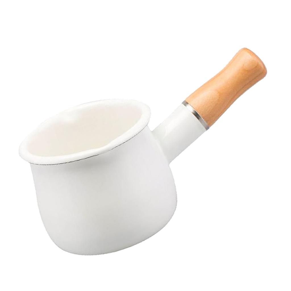 550ml Small Enamel Milk Cooking Sauce Pot Wooden Handle Cookware White, Size: As described