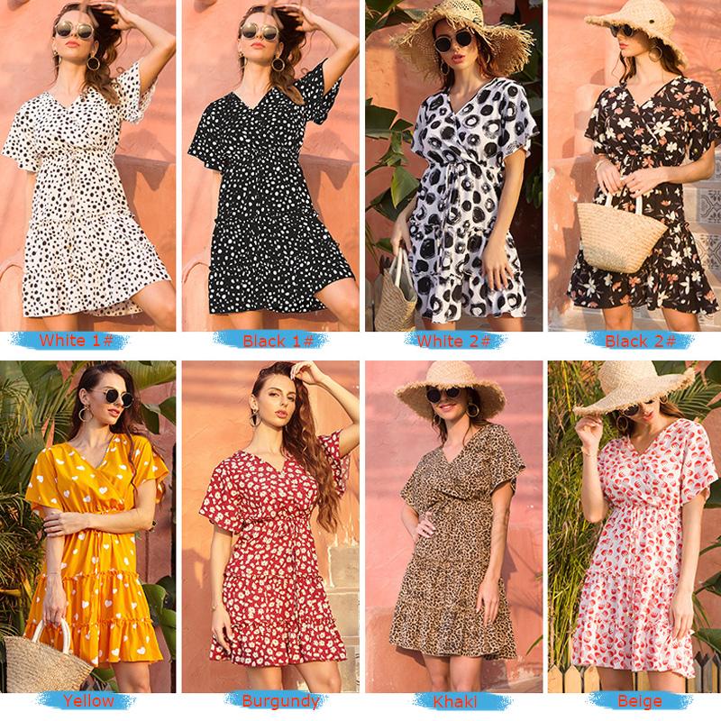 Women Mini Dress A-Line High Waist V Neck Belled Short Sleeves Ruffles Dot/Floral/Leopard Printed Holiday Beach Sundress