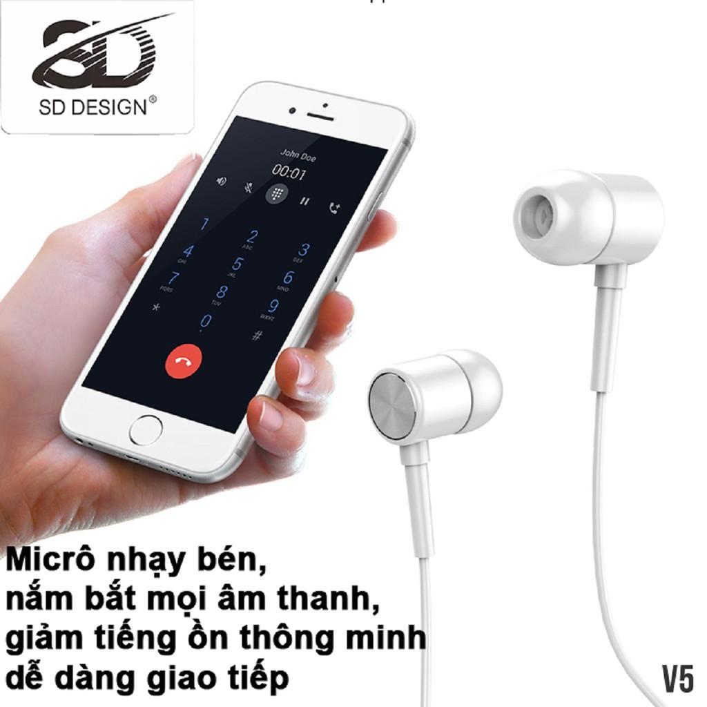 Tai Nghe Nhét Tai SD Design V5 Super Bass tương thích các dòng điện thoại jack 3.5mm, có mic bảo hành 1 đổi 1