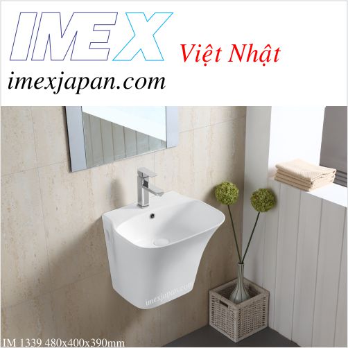 Chậu lavabo treo tường nguyên khối men sứ phủ nano chống bám bẩn IMEX IM 1339