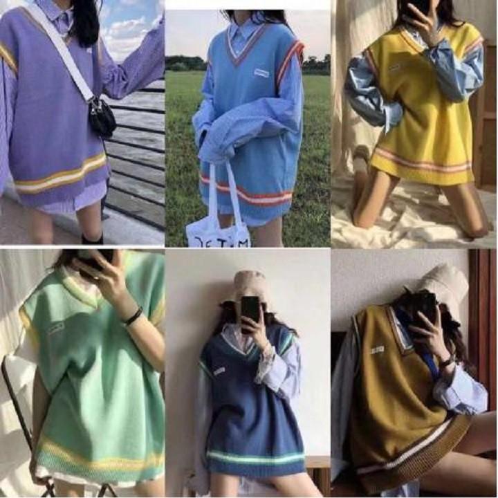 Áo gile len mỏng ulzzang nữ dáng rộng Hàn Quốc giá rẻ cổ chữ v màu trơn dễ phối đồ - 011