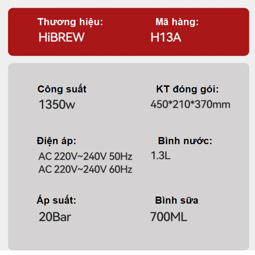 Máy pha cà phê Espresso bán tự động Espresso, Latte, Cappuccino thương hiệu Mỹ cao cấp HiBREW H13A - Hàng Nhập Khẩu