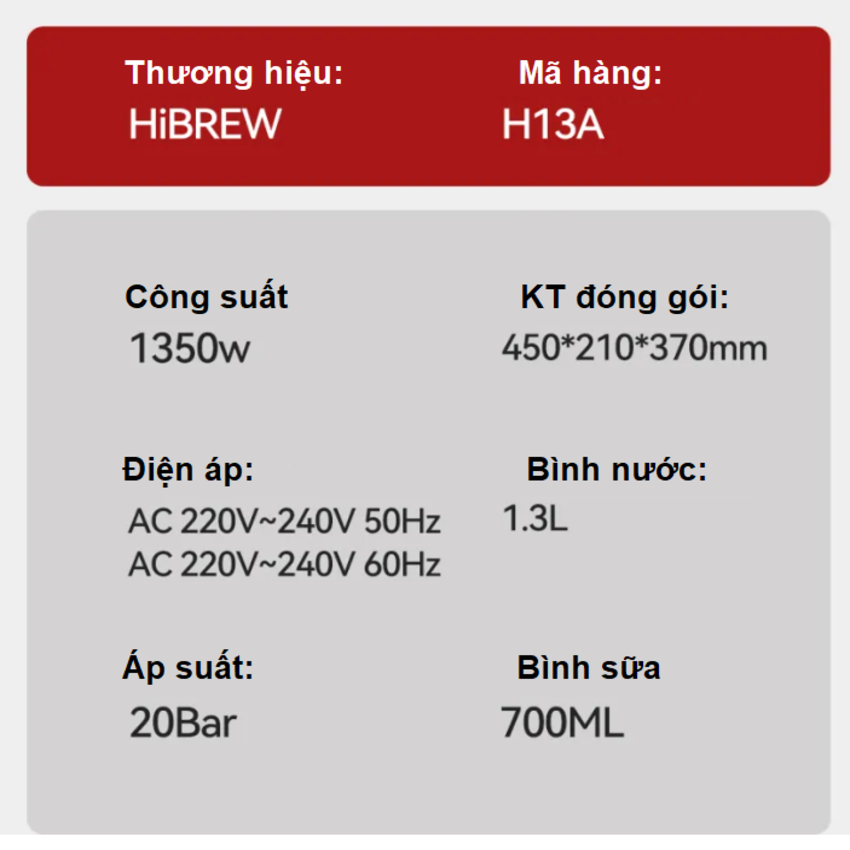 Máy pha cà phê Espresso bán tự động Espresso, Latte, Cappuccino thương hiệu HiBREW H13A - Hàng Chính Hãng