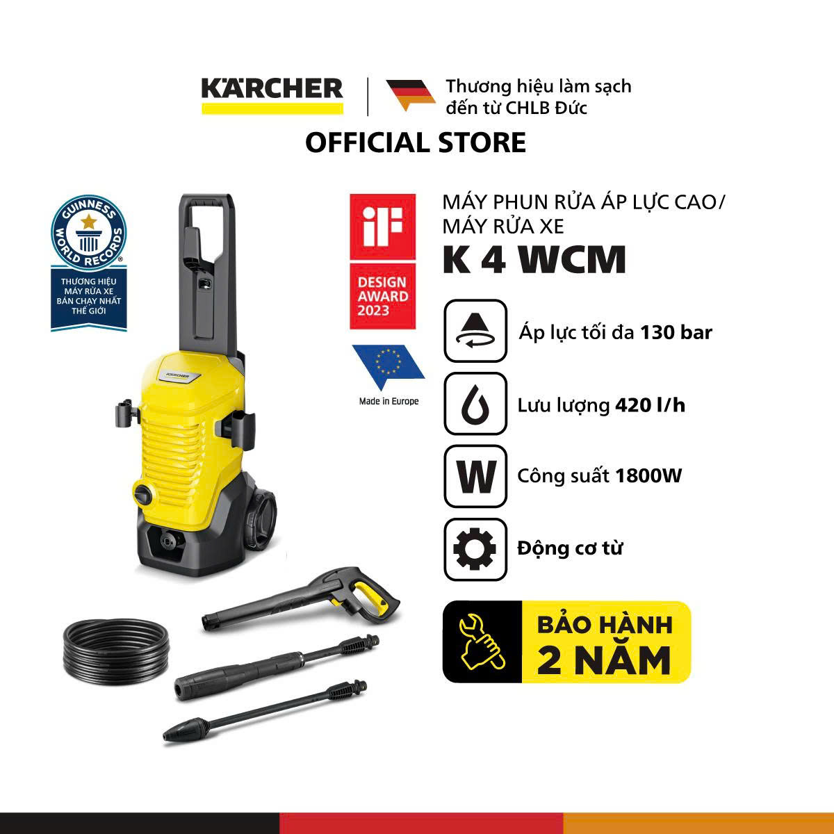 [Sản xuất Châu Âu] Máy phun rửa áp lực cao Karcher K 4 WCM - Động cơ từ - Công suất 1800W - Bảo hành 24 tháng - Hàng Chính Hãng