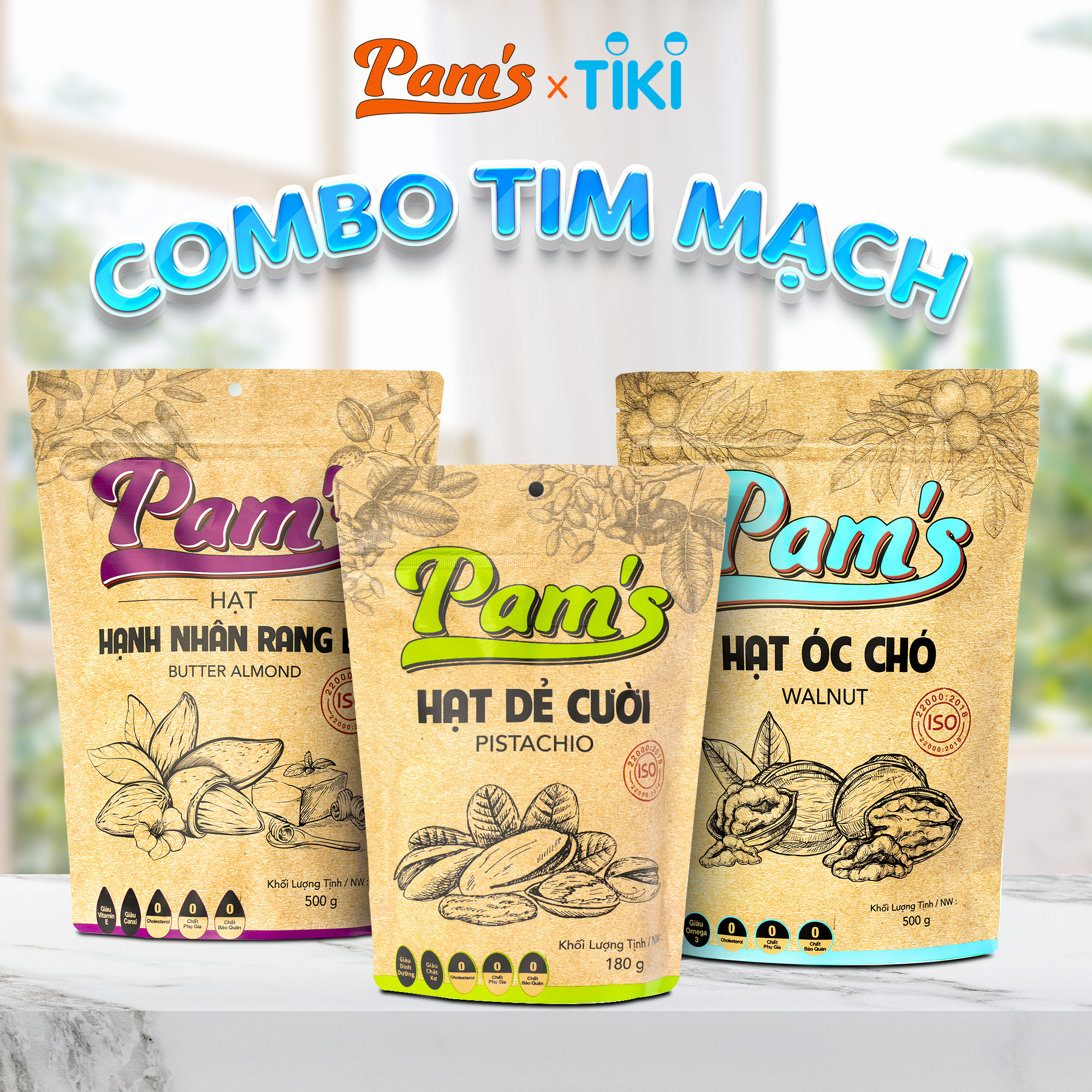 COMBO Chăm Sóc Tim Mạch - Hạt Óc Chó Chile + Hạnh Nhân Rang Bơ + Hạt Dẻ Cười Pam's