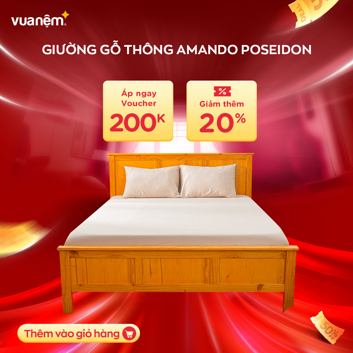 Giường gỗ thông Amando Poseidon 100% gỗ thông tự nhiên, vững chãi, bền bỉ với thời gian, hỗ trợ lắp đặt Hà Nội, Hồ Chí Minh