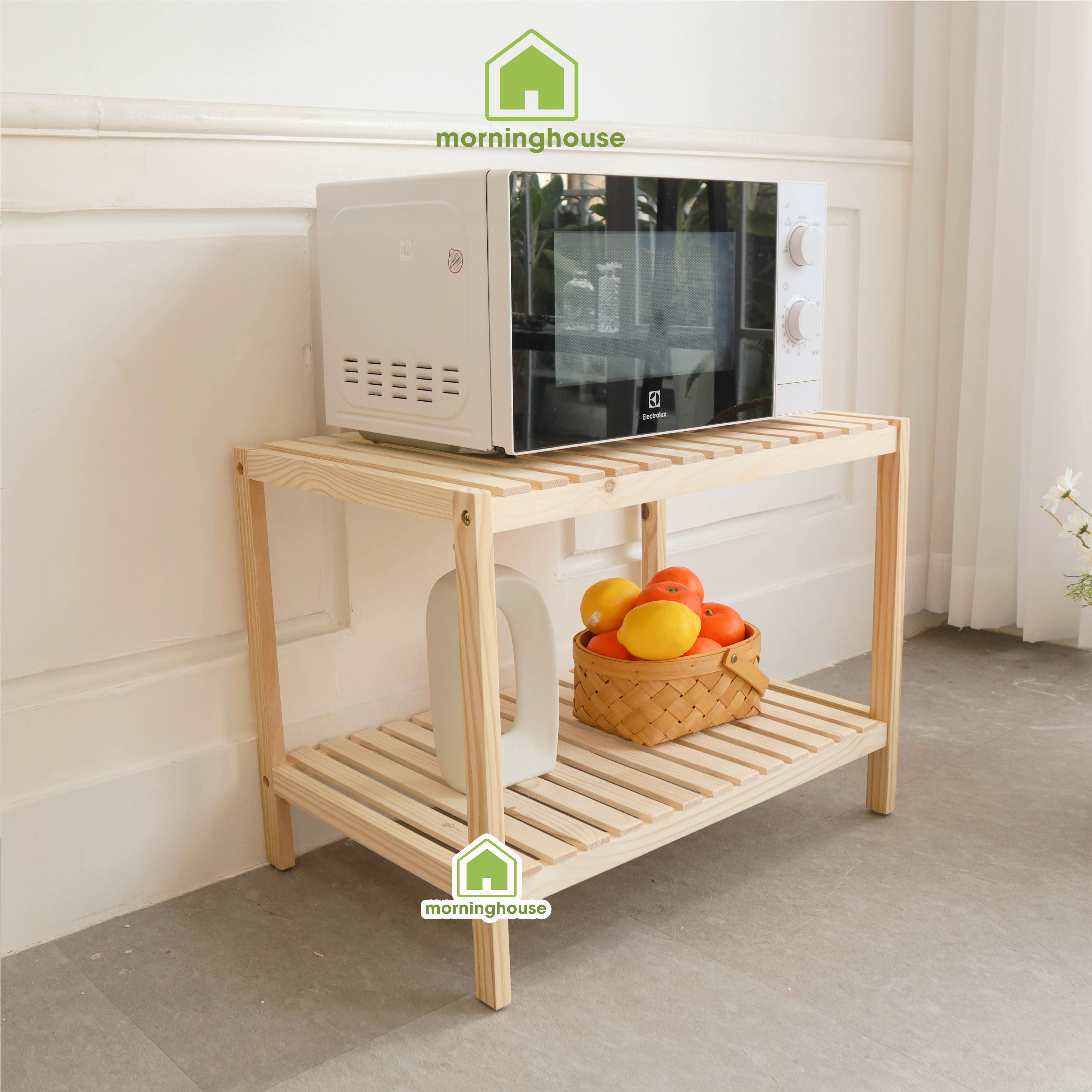 Kệ Để Lò Vi Sóng 2 Tầng Morning House Dài 60cm x Cao 46cm- Gỗ Cao Su Chắc Chắn Chịu Lực 30kg