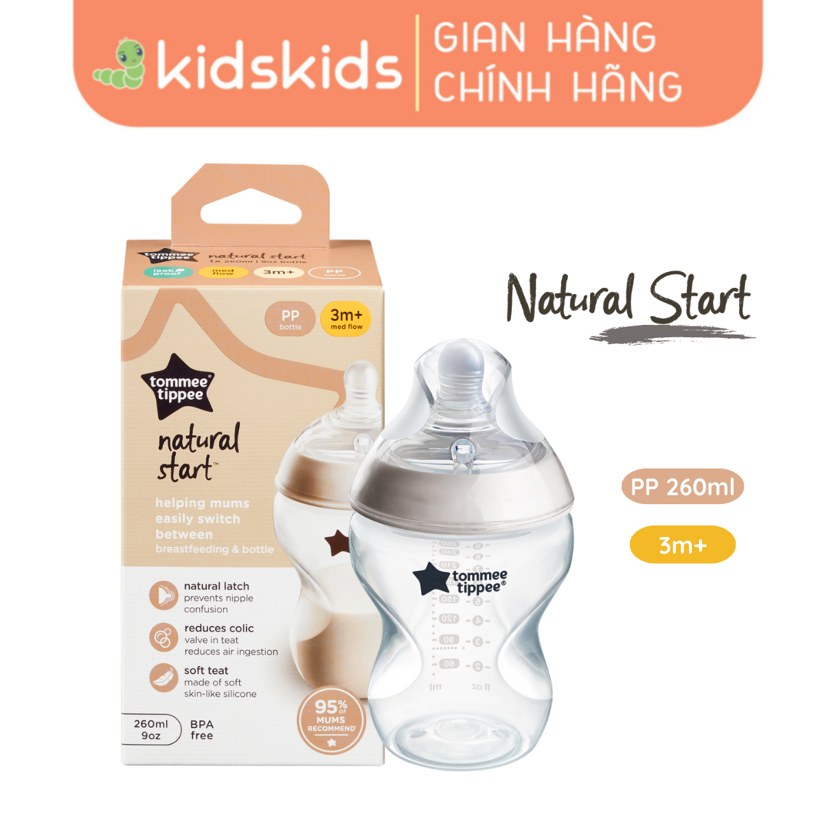 Bình Sữa Ty Siêu Mềm Tự Nhiên Tommee Tippee Natural Start 260ml, Núm Ty Của Bình 3-6 tháng